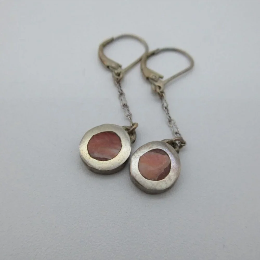 Silver Necklace and Earring Set with Coral Pink Inlay